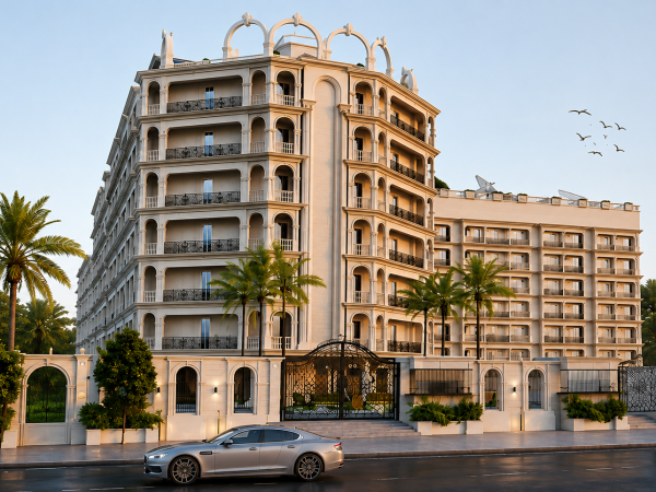 shreeya vista homes building front with a luxurious car moving infront of the building