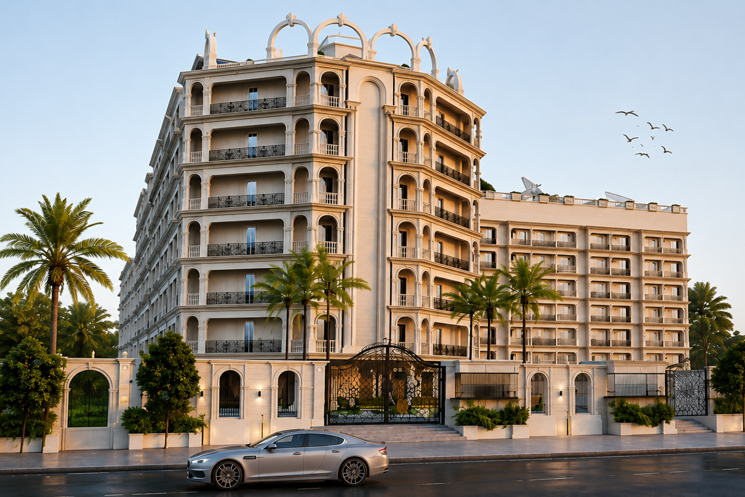 shreeya vista homes building front with a luxurious car moving infront of the building